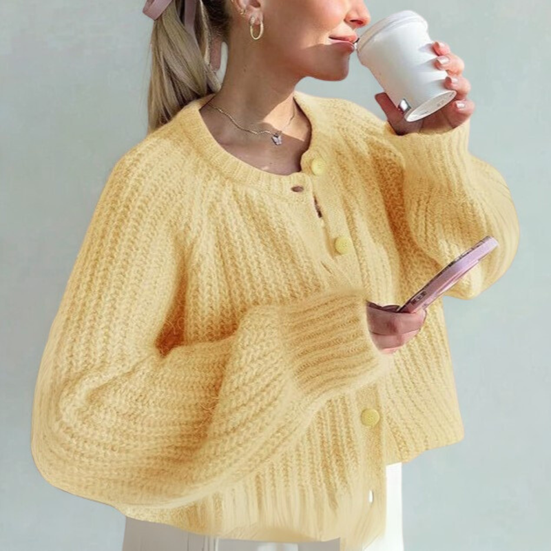 ELOWEN™ - Comfy Plain Button Down Long Sleeve Round Neck Cardigan