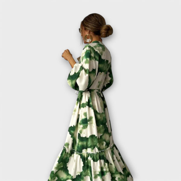 Melina - Green Maxi Dress with Long Sleeves and V-Neck